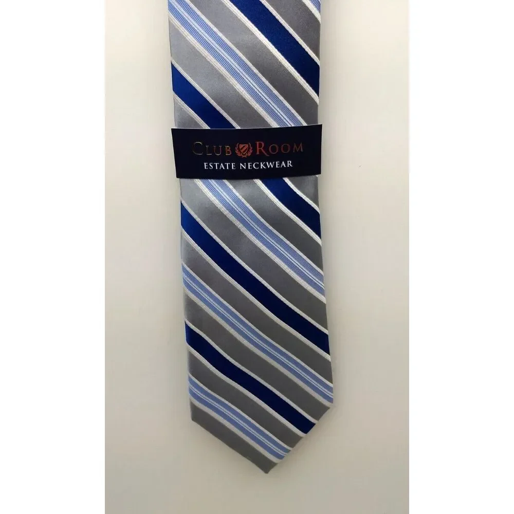 CLUB‎ ROOM 100% Silk Tie Estate Neckwear Seven Stripe Blue White Silver NWT
